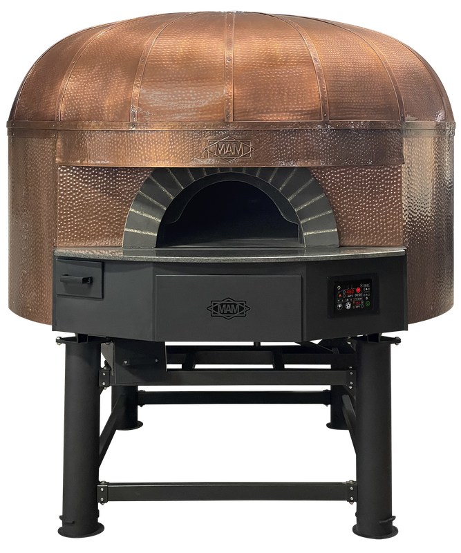MAM pizza oven with hammered copper dome finish and MAM logo