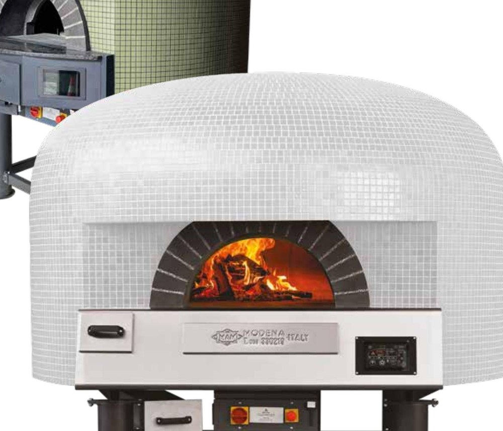 MAM Napoli white mosaic pizza oven with wood fire burning inside, Modena Italy