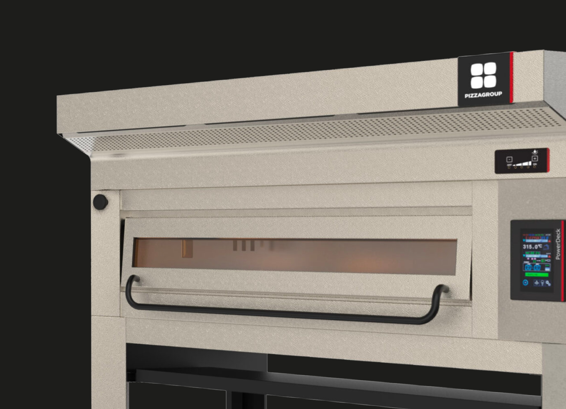 Powerdeck oven in commercial kitchen setting with pizzas baking inside illuminated chambers