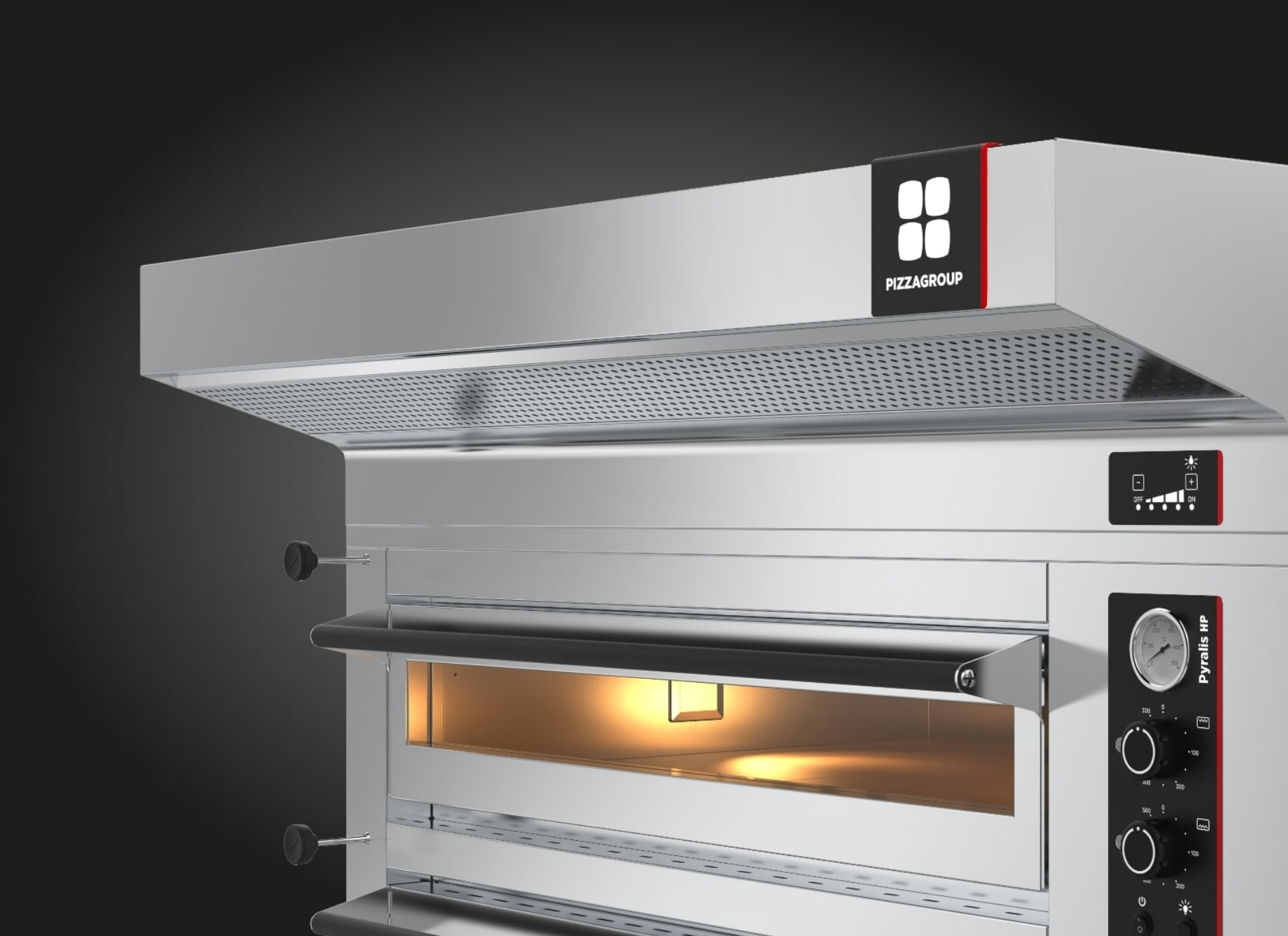 Pyralis HP electric deck oven full front view showing stackable dual-chamber configuration with analog controls and counter-balanced doors