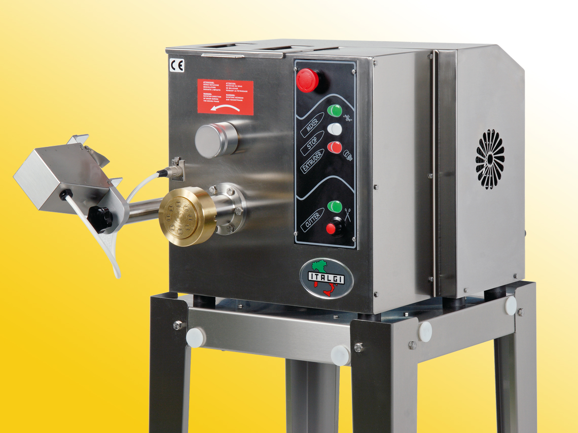 Italgi Estro pasta extruder with branding showing Italian craftsmanship and design details